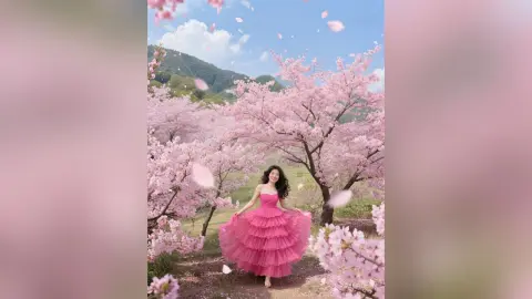 Dreamy woman in a pink ruffled gown standing under blooming cherry blossom trees in a spring garden.