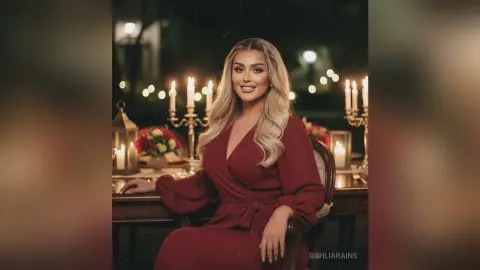 Elegant woman in a long-sleeved burgundy dress sitting by candlelight in a romantic evening setting.