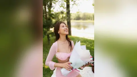 Smiling woman in a pink crop top holding a large bouquet of flowers in a sunny park setting.