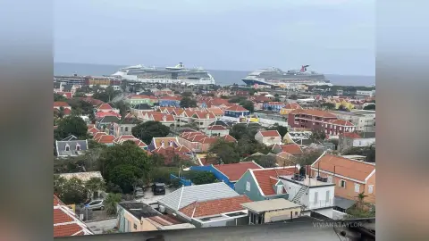 Aerial view of colorful Caribbean coastal houses overlooking large cruise ships in a tropical harbor town.