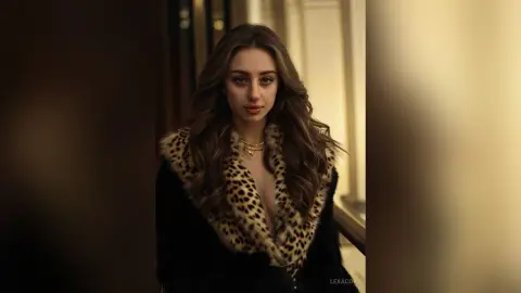 Elegant woman in a leopard print faux fur coat posing with a moody, sophisticated expression indoors.