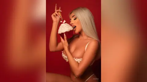 Sierra licks a large cupcake while wearing white lace lingerie against a red background.