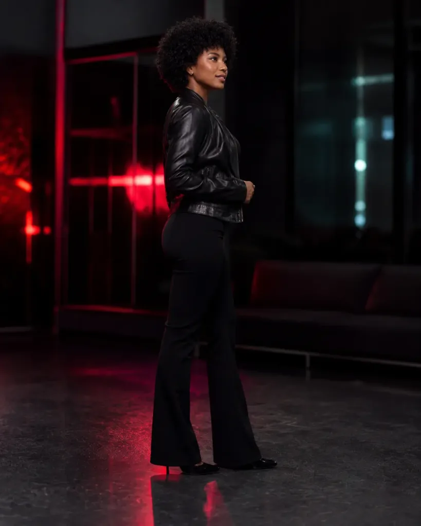 KylieDecks — KylieDecks stands in a dark room wearing a black leather jacket and tight black flared pants.