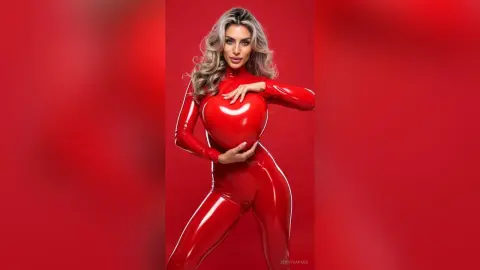 JessycaPage poses in a tight, shiny red latex bodysuit against a red background.
