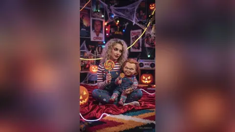 MilaGreco poses in a striped shirt and denim overalls, holding a large swirl lollipop next to a Chucky doll in a Halloween-themed room with pumpkins.