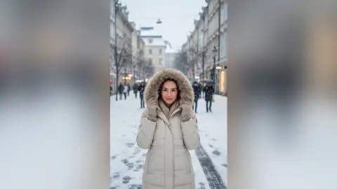 Smiling woman in a beige winter puffer coat with faux fur hood walking on a snowy city street.