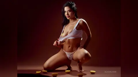 Young woman in white bikini posing confidently against a dark studio background.