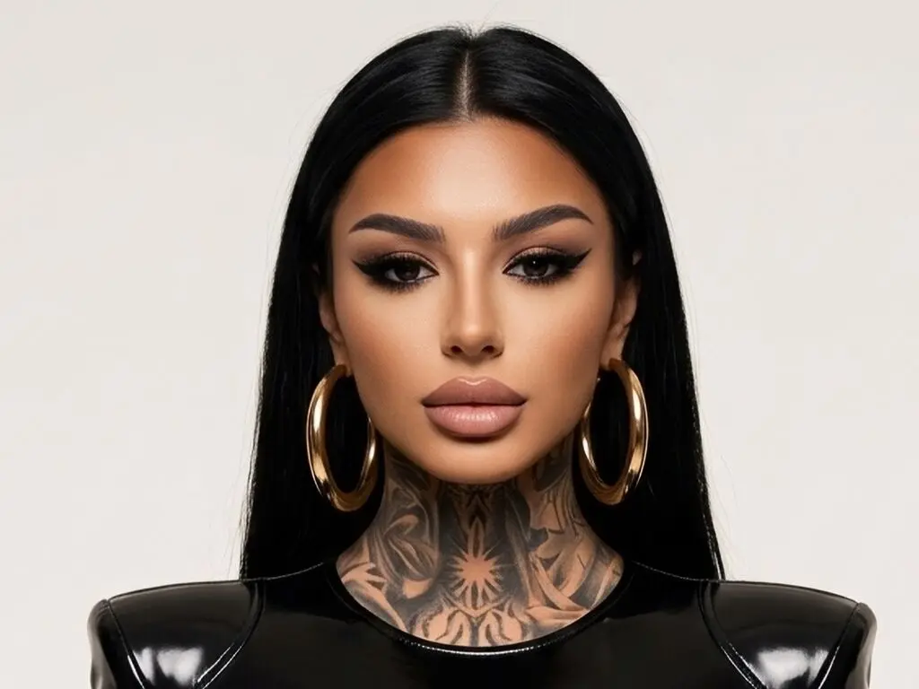 Woman with long black hair, winged eyeliner, and gold hoop earrings wearing a black latex top.