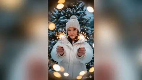 KetrinRosse — Smiling woman in white winter coat and beanie holding sparkling light sticks in a snowy forest setting.