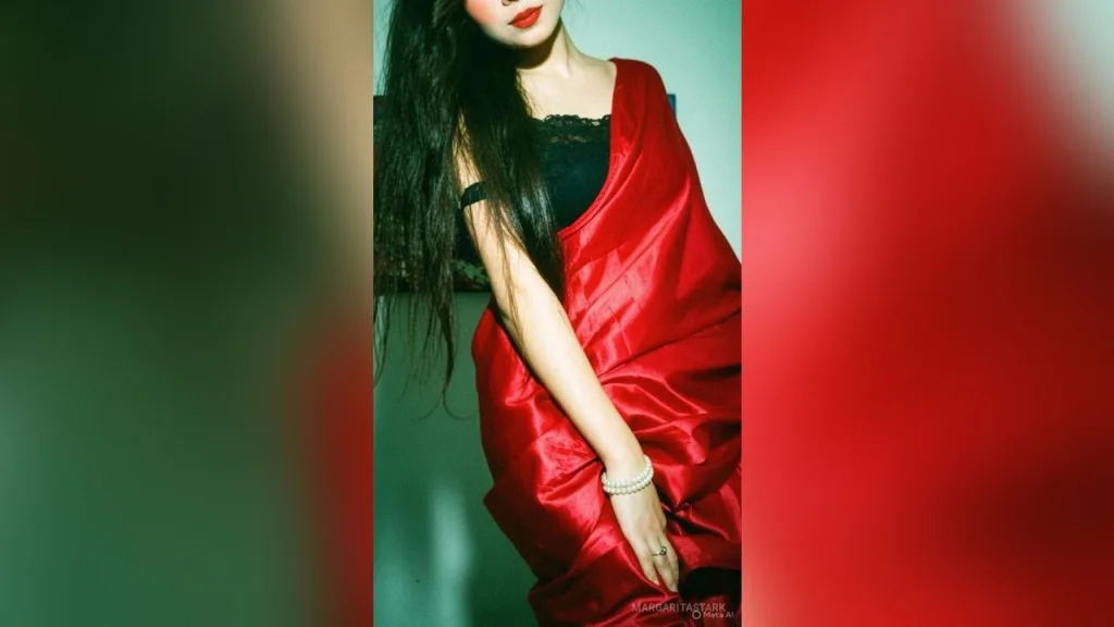 MargaritaStark poses with long dark hair wearing a red wrap over black lace lingerie.