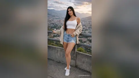 Young woman in white crop top and denim shorts standing on a scenic city overlook at sunset.