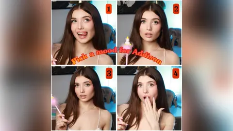 Young woman with long brown hair making playful facial expressions in a white camisole tank top.