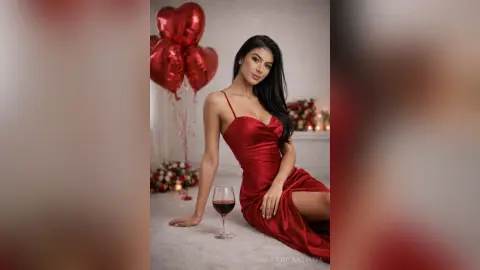Elegant woman in a red satin dress holding a glass of wine near heart-shaped balloons for a romantic Valentine's mood.