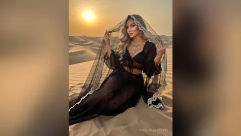 Elegant woman in a black sheer lace outfit sitting in the desert dunes during a golden sunset.
