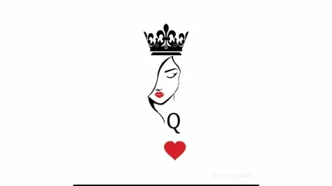 Minimalist black and white line art illustration of a queen profile wearing a crown with a red heart symbol.