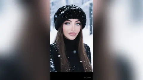 Beautiful woman with blue eyes wearing a black turtleneck and fuzzy winter hat in a snowy landscape.