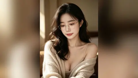 Young woman in a cozy cream sweater posing with a serene expression in soft, warm indoor lighting.