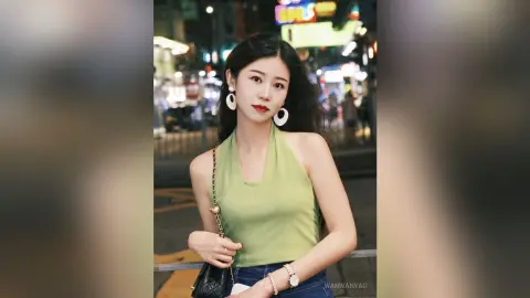 Young woman in a green halter top and white earrings smiling in a vibrant night city setting.