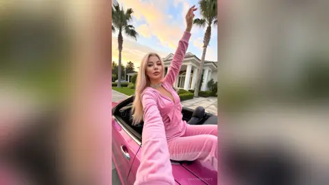 Blonde woman in pink loungewear posing joyfully in a pink convertible car during a tropical sunset.