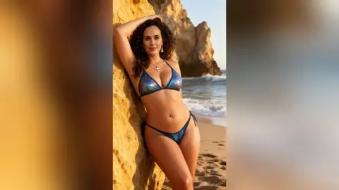 Smiling woman in a blue bikini relaxing against a rocky cliff at a sunny beach.