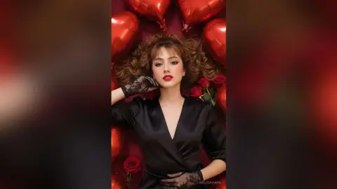 Glamorous woman in a black satin dress lying among red balloons and roses for a romantic, moody photoshoot.