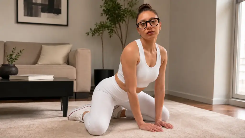 ChannelAura sits on the floor wearing a black crop top and mini skirt with high heels.