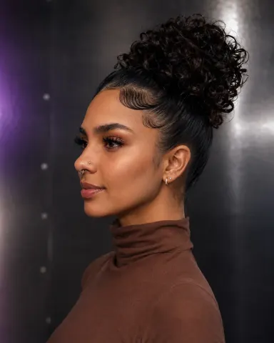 ScarlettPearls — ScarlettPearls poses in profile wearing a brown turtleneck with her dark curly hair in a high ponytail.
