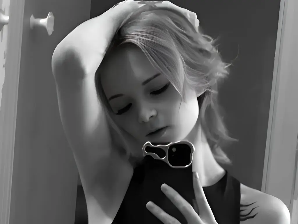 PaulinaCundiff takes a black and white mirror selfie, posing with her hand behind her head and her eyes closed.