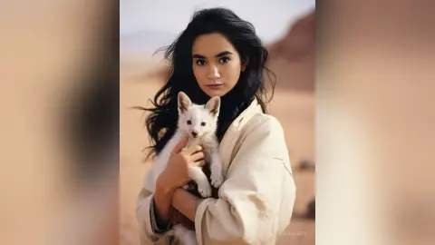Young woman in beige linen clothing holding a small white kitten in a soft desert landscape.