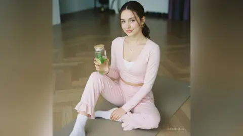 Smiling young woman in pink loungewear sitting on a yoga mat holding a refreshing cucumber water jar.