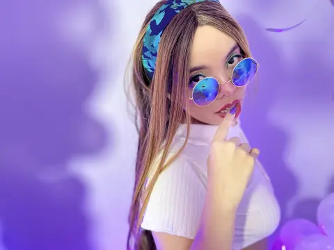 maaeve_elf — Trendy girl in white top and blue sunglasses posing with a dreamy aesthetic against a purple background.