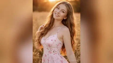 Smiling young woman in a pink floral sundress posing in a golden sunset field during summer.