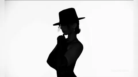 Silhouette of a stylish woman wearing a wide-brimmed hat and lace gloves against a bright white background.