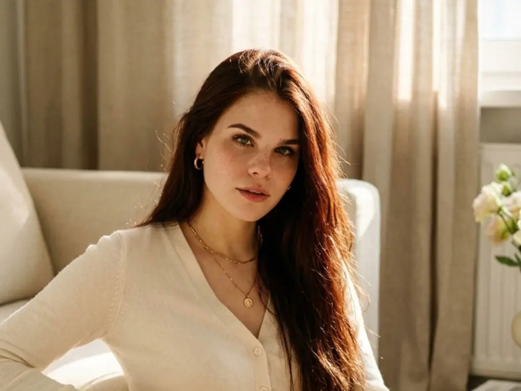 Young woman with long brown hair wearing a white cardigan sitting in a sunlit living room with a serene mood.