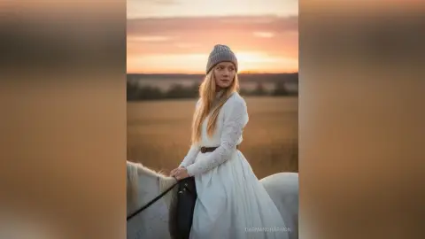 Blonde woman in a white lace dress standing in a golden field during a dreamy sunset.