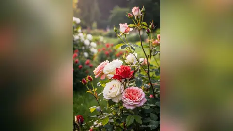 Beautiful pink and white roses blooming in a lush, dreamy summer garden at sunset.