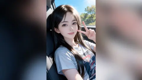 Young woman with long dark hair wearing a grey t-shirt making a peace sign in a sunny car interior.