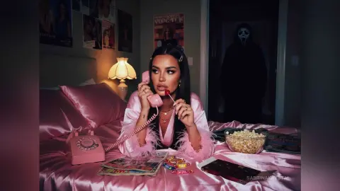 Young woman in pink satin pajamas eating popcorn on a bed with a spooky Ghostface figure in the background.