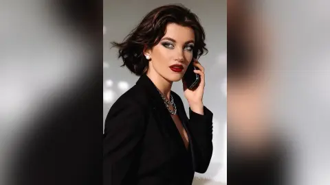Elegant woman in a black blazer and silver necklace talking on a smartphone with glamorous makeup.