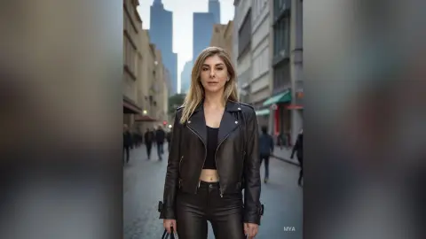 Stylish blonde woman in a black leather jacket and dark jeans walking on a city street during a cloudy day.