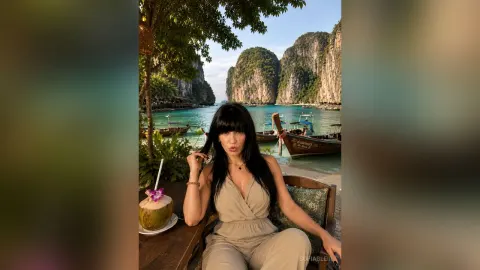SofiaBleir — SofiaBleir sits at an outdoor table by a tropical beach with a coconut drink in front of her.