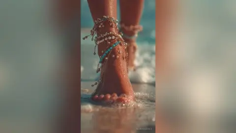 MarisaGrace shows off her feet and ankles decorated with several layers of gold and turquoise beaded anklets while standing in the shallow ocean water at the beach.