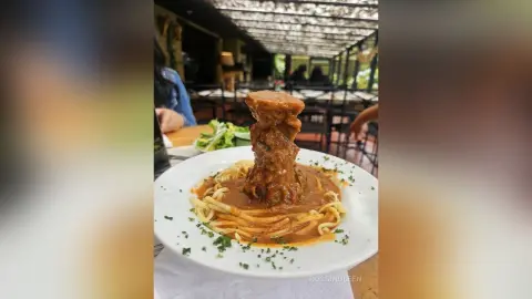 Savory meat stew served over creamy pasta in a rustic restaurant setting.