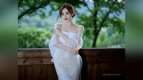 Elegant woman in a white off-the-shoulder gown posing gracefully in a lush green garden setting.