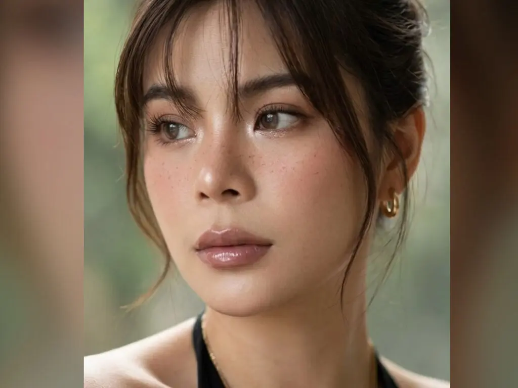 JasminAndres looks directly at the camera with her dark hair styled in a loose updo and wispy bangs, wearing gold hoop earrings.