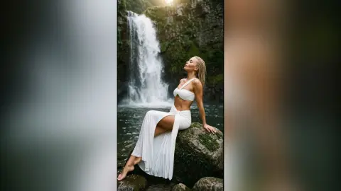 SerenaStar poses nakedly in a white two-piece outfit while sitting on a mossy rock in front of a waterfall.
