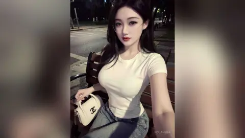 Young woman in a white t-shirt and jeans sitting on a park bench at night with a white designer handbag.