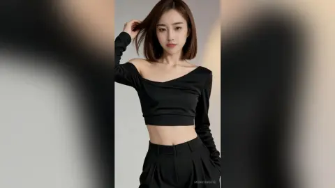 Elegant woman in a black long-sleeve crop top and trousers posing against a minimalist grey studio background.