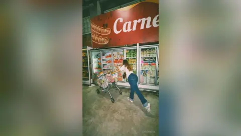 Young woman in a white shirt and blue jeans pushing a shopping cart through a grocery store aisle.