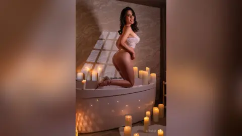Glamorous woman in white lace lingerie posing in a candlelit bathroom for a romantic and moody atmosphere.